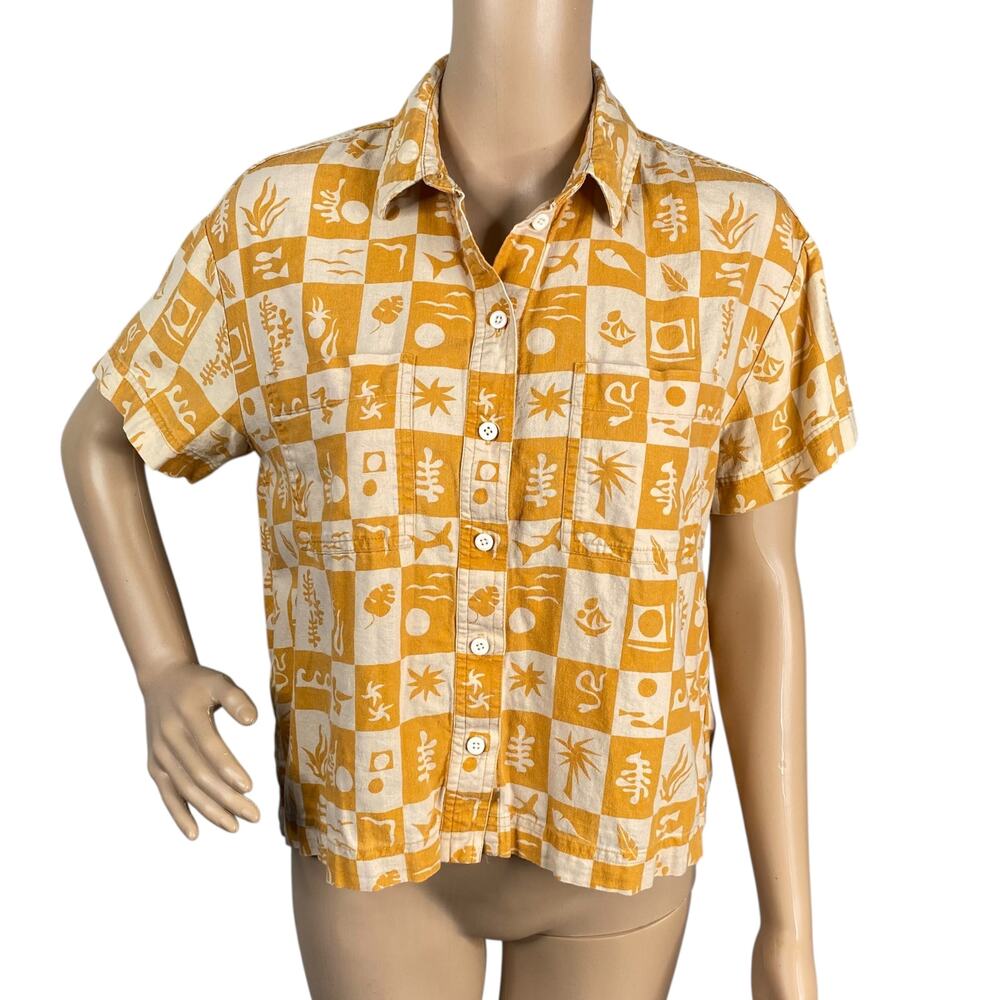 Madewell Linen Blend Tropical Checkered Resort Shirt XS Orange Novelty Button Up